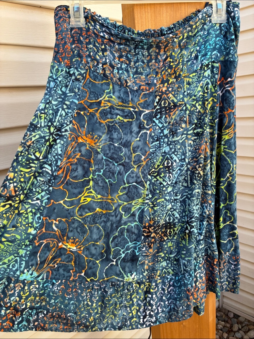 Boho Floral Batik Midi Skirt in Teal & Orange
